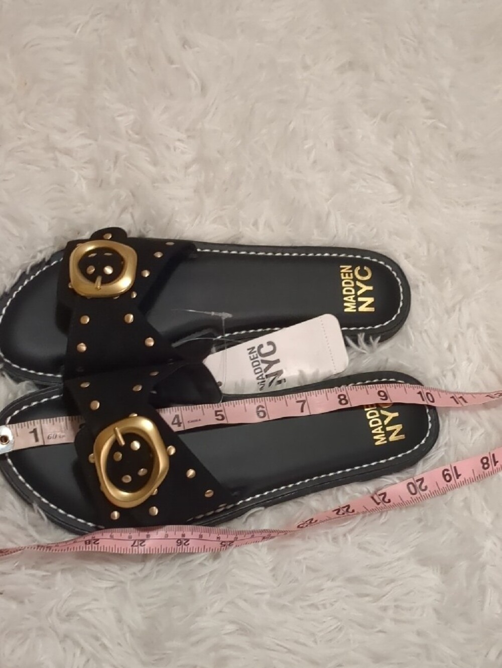 Madden NYC Black Slide Sandals with Gold Buckle Size 9 - Picture 12 of 12
